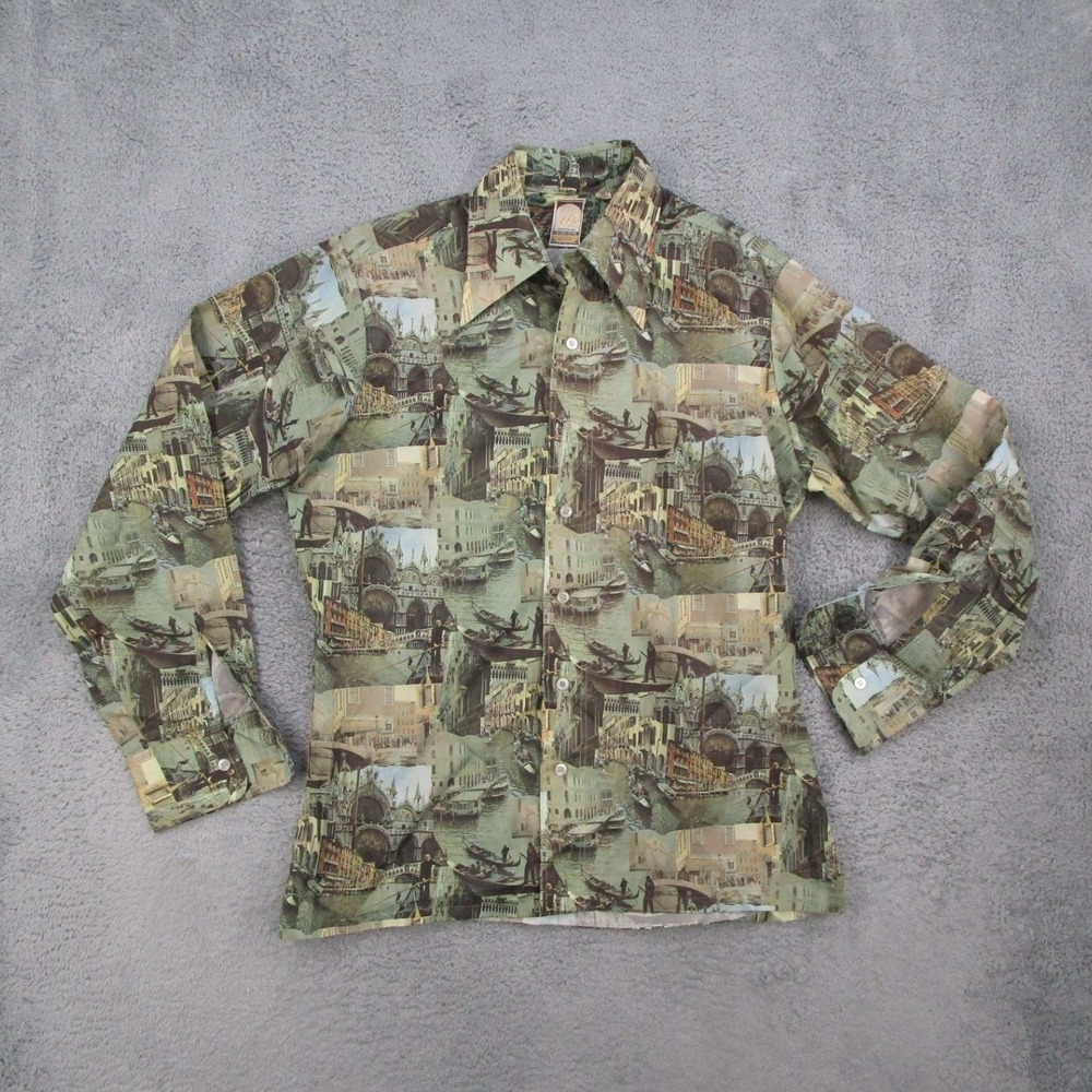 Vintage JP2 Bardon Venice Gondola Print Shirt Mens Medium Disco Dagger Collar